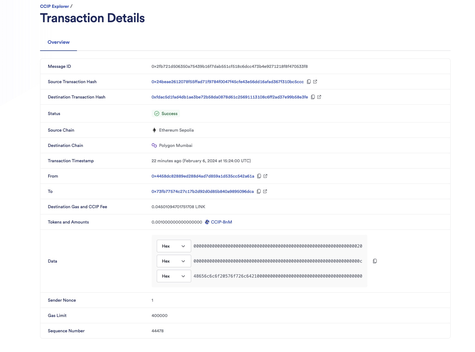 Chainlink CCIP Explorer transaction details success